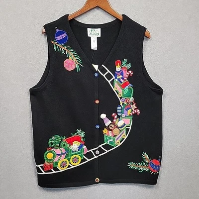 QUACKER FACTORY Womens 1X Cardigan Sweater Vest Black Ugly Christmas Santa NEW - Image 1 of 4