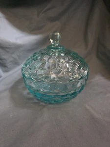 Indiana Glass Cubic Covered Candy Dish Blue MCM Barware Decor Kitchen Vintage - Picture 1 of 4