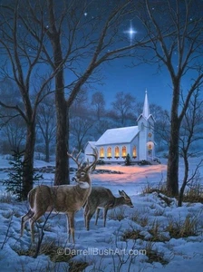 Darrell Bush Midnight Clear - Deer and Church Signed Open Edition on Paper - Picture 1 of 1
