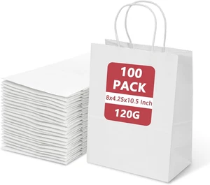 White Gift Bags 100Pcs 8 X 4.25 X 10.5 Inch Paper Bags with Handles, Bulk, Party - Picture 1 of 12