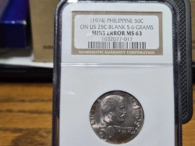 RARE (1974) Philippine 50c On US 25c Blank 5.6 Grams MINT ERROR MS 63. - Image 1 of 4