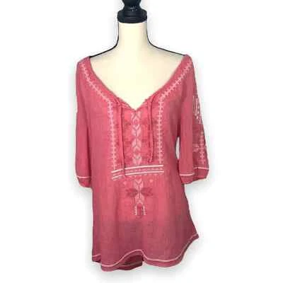 Monoreno Pink Boho Aztec V Neck Loose Blouse - Image 1 of 4
