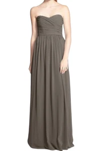 Monique Lhuillier Bridesmaid Gown Dress Size 12 Strapless Chiffon Gray Ruched - Picture 1 of 15