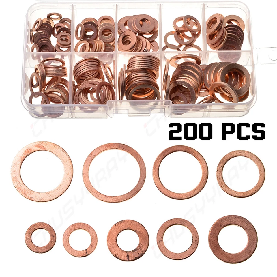 CHUSYYRAY 200Pcs Copper Diesel Injector Washers Fuel Set Seal Rings Assortment Kit M5-M14