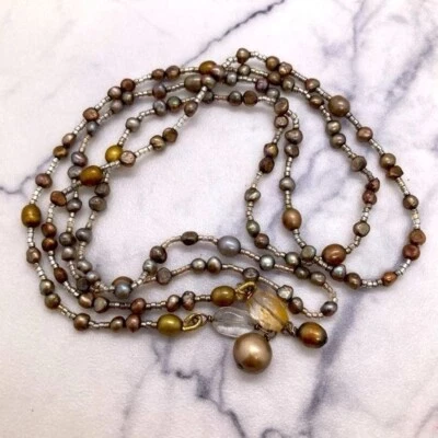 Collar Lariat con Perlas y Cuentas Semilla Bronce y Perlas Grises Foto 1 de 4
