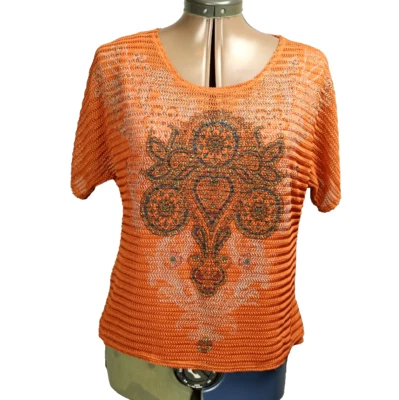 Dressbarn Beaded Floral Print Knit Top Dolman Short Sleeve with Tank Orange PL - Image 1 of 4