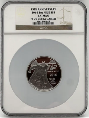 BATMAN 75th ANNIVERSARY 2014 NIUE 2oz SILVER COIN $5 NGC PF70 Queen Elizabeth - Image 1 of 4