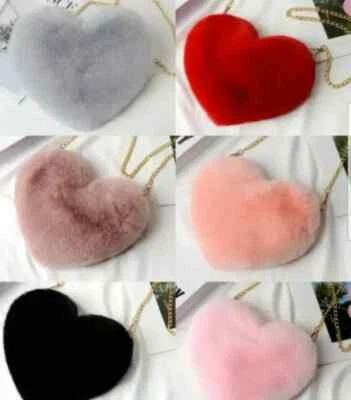 Bolso Cartera Corazón Felpa Piel Sintética Esponjoso Suave Kawaii Bandolera Cadena Cremallera Niñas Foto 1 de 4
