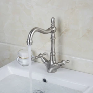 Spout Dual Handles Kitchen/Bathroom Basin Sink Brass Faucet Swivel Mixer Tap - Picture 1 of 9