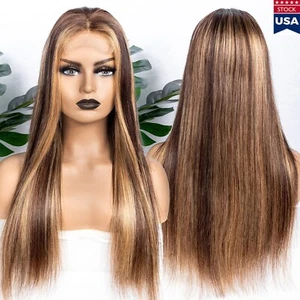 Brown Blonde Long Straight Wig Pre-Combed Natural Hairline Heat Resistant Fiber - Picture 1 of 12
