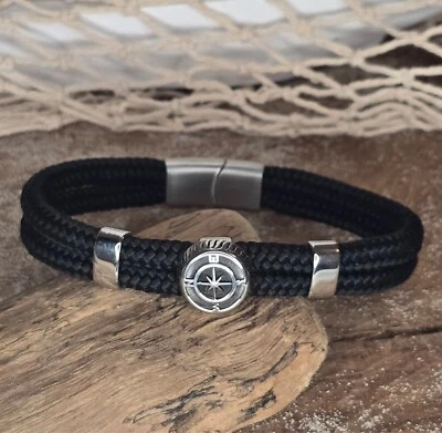 Armband mit Kompass-Symbol und Slidern aus Edelstahl und Segeltau 2x5 mm Schwarz - Bild 1 von 3