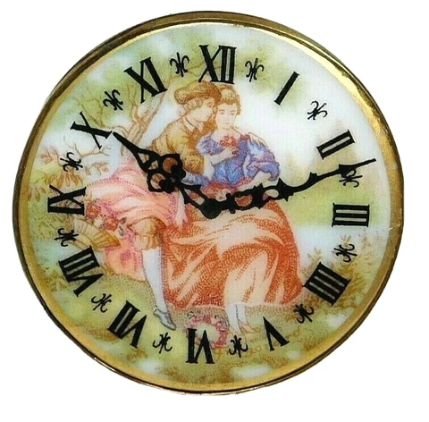 Large Antique Picture Button  Porcelain in Brass Pastoral Couple w/a Clock Face Cover