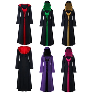 Women Hooded Robe Lace-up Witch Costume Color Block Witch Dress Front V Neck - Picture 1 of 26