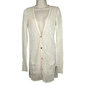 BKE Knit Cardigan Sweater Duster Button Front Women Size XS Cream Pink Pockets - Picture 1 of 7