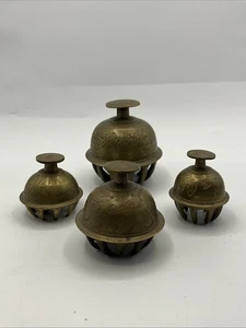 Tibetan Buddhist Brass Elephant Claw Set Of 4 Bells Engraved Floral Design (SN) - Picture 1 of 24