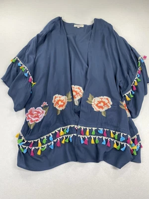 Umgee Women's Open-Front Cardigan Kimono 1X/2X Blue Floral Embroidery Tassels - Image 1 of 4