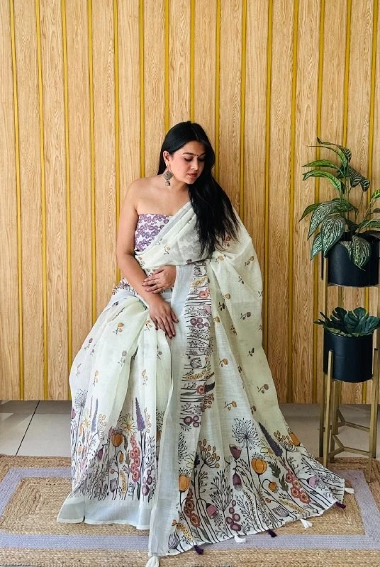 Impresionante look suave lino algodón sari con blusa para ropa de fiesta india Foto 1 de 1