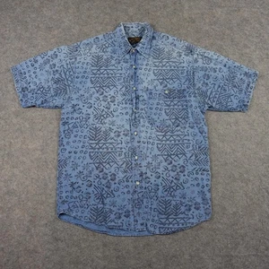 VINTAGE Eddie Bauer Shirt Mens Medium Aztec Tribal Linen Button Up Chambray 90s - Picture 1 of 18