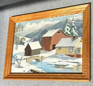 Vintage Painting Paint By Number Winter Country Scene Barns Bridge Craftmaster - Picture 1 of 9