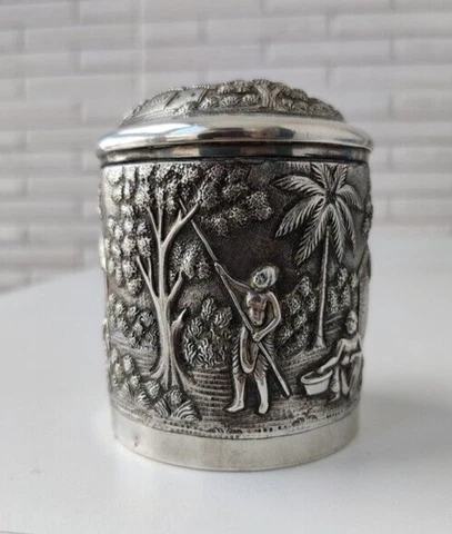 Antique Silver Plot Jar for Tea Case Box Farm Home Engraved Tree Rare Old 20th Cover