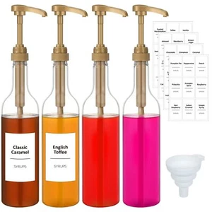 4 Pcs Coffee Syrup Dispenser 25.4 oz 750 ml Coffee Syrup Gold Pump Bottles wi... - Picture 1 of 7
