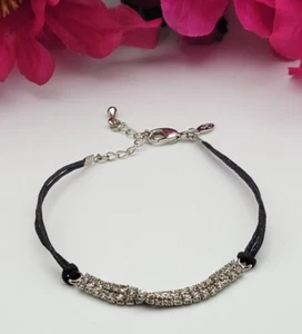 Premier Designs Silver Tone Clear Rhinestones Black Cord Bracelet 8" Adjustable - Picture 1 of 4
