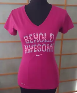 Nike Dri Fit Womens T Shirt XS Pink w/Behold Awesome Graphic - Picture 1 of 5