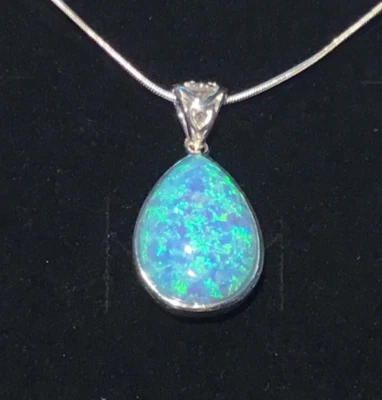 Large 1"  Chunky Blue Opal Pear drop Teardrop Pear Pendant & 18”  Chain Necklace - Image 1 of 4