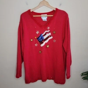 Vintage Quacker Factory Red American Flag & Star Sequined V-neck Sweater size 1X - Picture 1 of 6