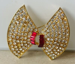Ivana, bow rhinestone brooch, gold color frame & ruby ribbons width 6.5 CM - Bild 1 von 8