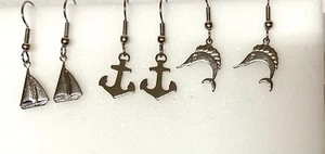 3 pr. Maritime Sea Life Ohrhänger - Anker, Segelboot, Schwertfisch - silberfarben - Bild 1 von 6