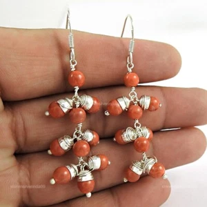 Solid Silver Coral Stone Hook Anniversary Dangle Drop Bezel Sisters Day Earrings - Picture 1 of 4
