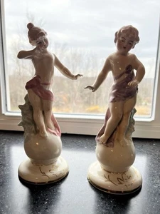Antique Pair Of Coventry USA Porcelain Cherubs Pink Girl Blue Lavender RARE - Picture 1 of 18