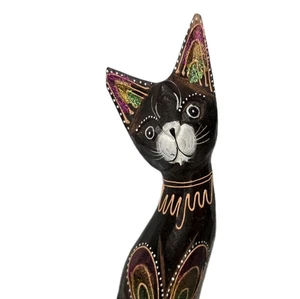 Volkskunst Stil geschnitzte Holz Katze handbemalt lila grün Glitzer groß  - Bild 1 von 7