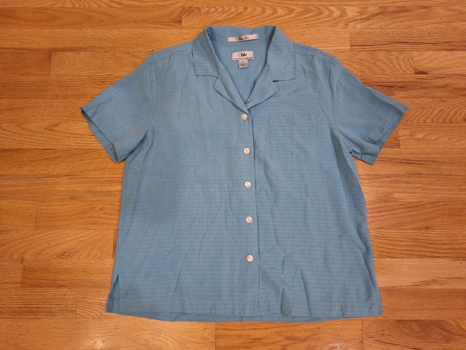 Camisa abotonada vintage de seda pura Bill Blass para mujer M vacaciones aguamarina manga corta Foto 1 de 4