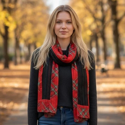 Giani Bernini Scarf Red Black Plaid Gift Box Print Sheer Holiday Size 64"x13" - Image 1 of 4