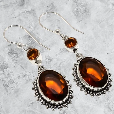 Brinco de prata esterlina 925 pedra preciosa quartzo natural esfumaçado 2,2" I467 - Imagem 1 de 4