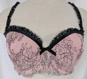 Balconcino vintage con volant in pizzo rosa e nero cacique taglia 36DD cablato sexy Y2K - Foto 1 di 13