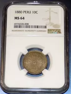1880 PERU 10 CENTAVOS RADIANT SUN WITH FACE NGC MS64 10C KM198 Peruvian UNC COIN - Picture 1 of 4