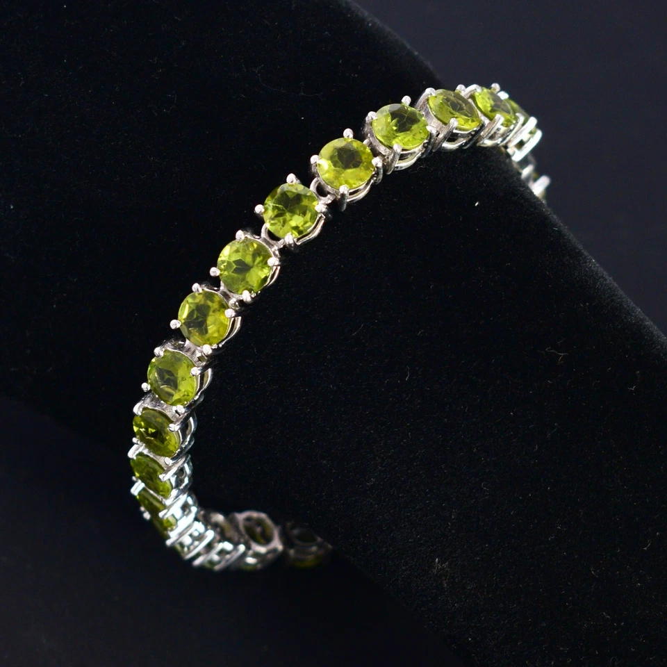 Round Natural Peridot Gemstone 925 Sterling Silver Bracelet Handmade Jewelry - Image 1 of 4