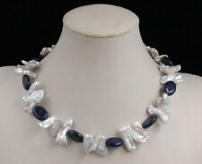 13x18 mm Natural Blue Oval Lapis Lazuli &White Biwa Pearl Necklace 18''