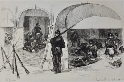 AUGUSTE LANÇON, Pont-à-Mousson 14 aout 1870 / Gravure Eau-forte Militaria Guerre - Photo 1/4