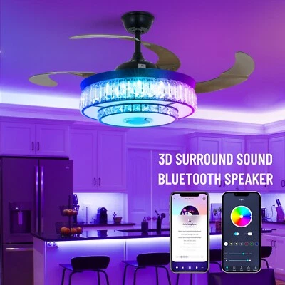 42"Dimmable 7-Color Crystal Ceiling Fan Lamp Bluetooth Speaker Chandelier+Remote - Image 1 of 4