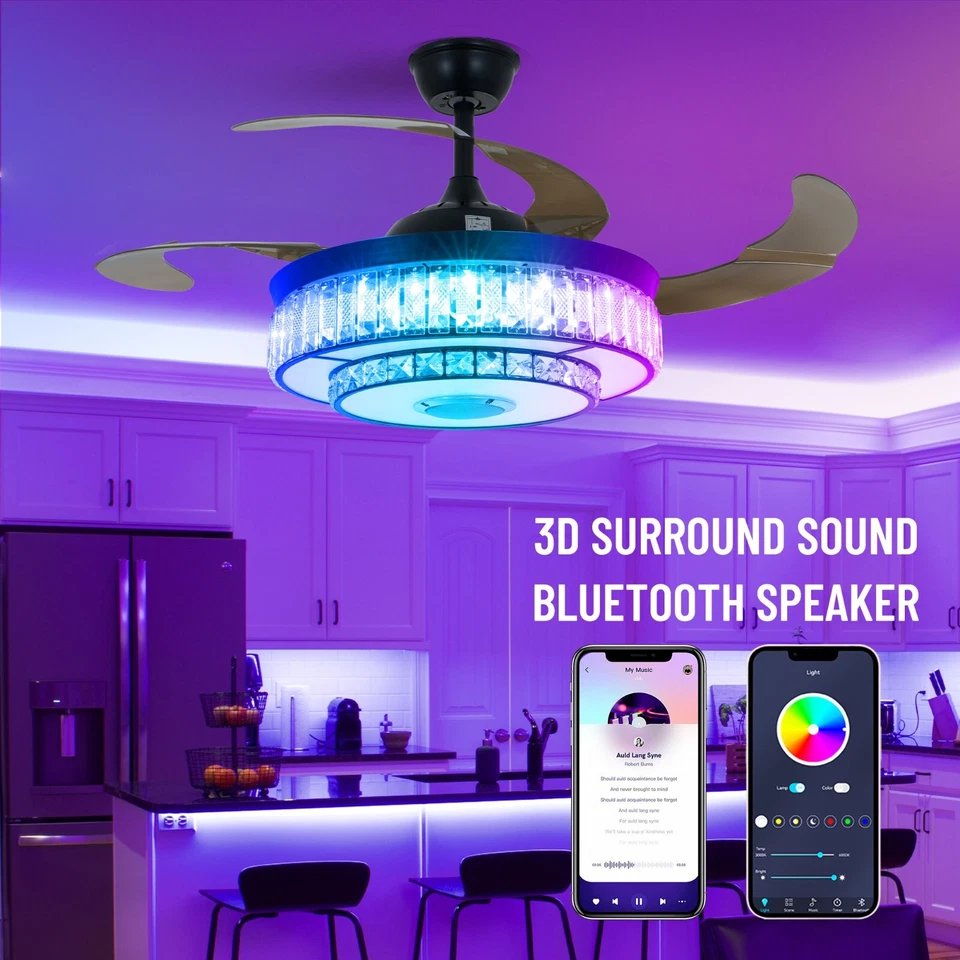 42"Dimmable 7-Color Crystal Ceiling Fan Lamp Bluetooth Speaker Chandelier+Remote - Image 1 of 4
