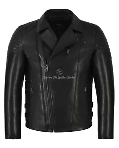 Herren Leder Biker Jacke schwarz Slim Fit schwarz 100% pflanzlich gegerbtes Leder 2041 - Bild 1 von 9