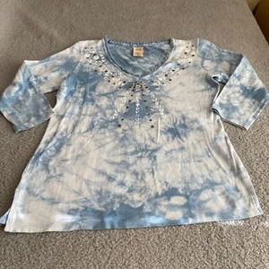 Faded Glory Long Sleeve Shirt Top Blue Women's Large V-Neck Rhinestone - Picture 1 of 8