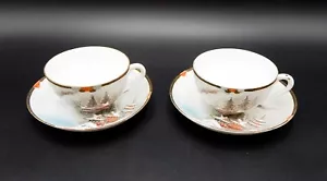 Juego de tazas y platillos japoneses Kutani pagoda invierno volcán S/2 pintado a mano - Imagen 1 de 10