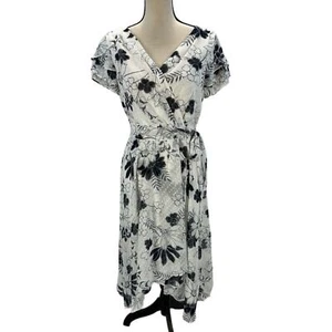 DKNY Short Sleeve Floral Print Faux Wrap Midi Dress - White Black - size 10 - Picture 1 of 8