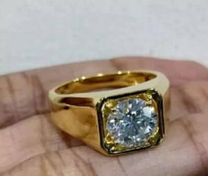3Ct Round Cut Lab-Created Diamond 14k Yellow Gold Finsih Men's Engagement Ring - Picture 1 of 8