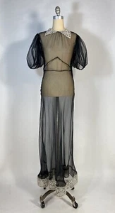 Vintage 1930's sheer black bias-cut silk gown with puff sleeves and cream lace - Picture 1 of 12
